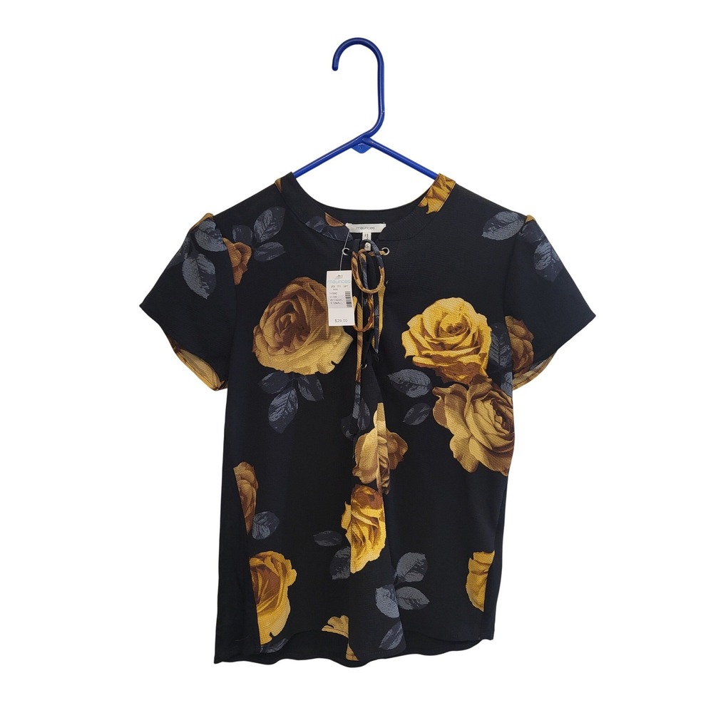Maurices Blouse Womens XS Black Yellow Floral Lace Up Short Sleeve Rose Top NEW